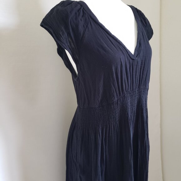 Old Navy Babydoll Long Dress L Solid Black Midi Plunge Neckline Pockets Pullover - Picture 2 of 6